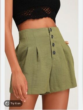 Lulu's Olive Green High-Waist Button-Front Shorts S